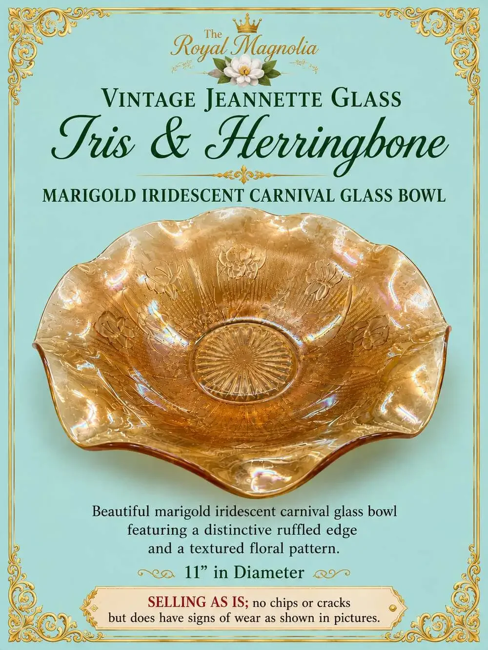 Vintage Jeannette Glass Iris and Herringbone Marigold Carnival Glass Ruffled Bow